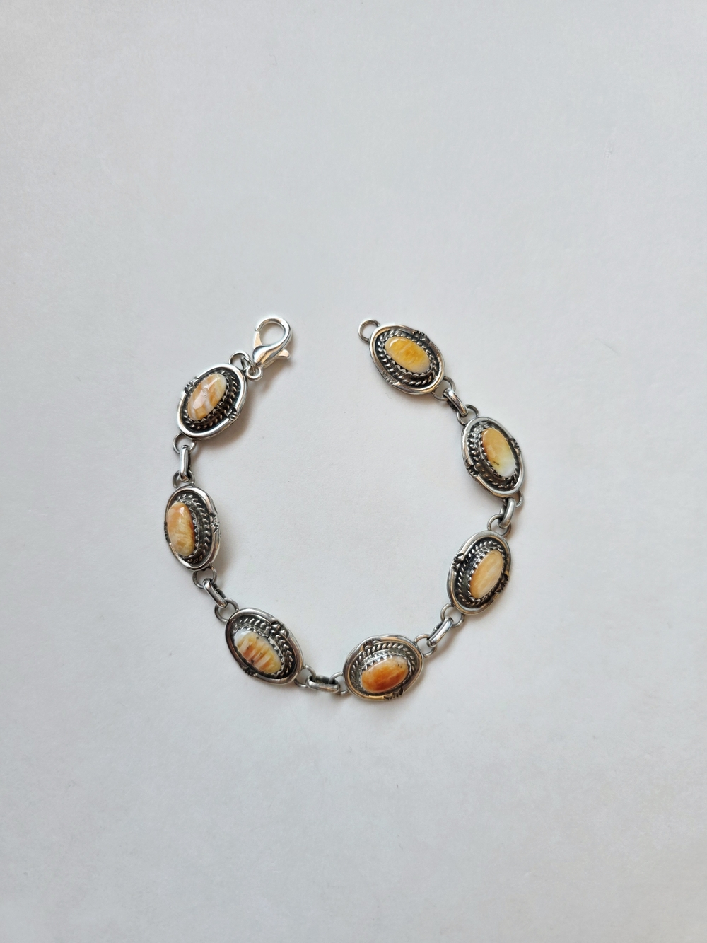 Orange & Silver Oval Link Bracelet New Spiny Oyster Shell Native